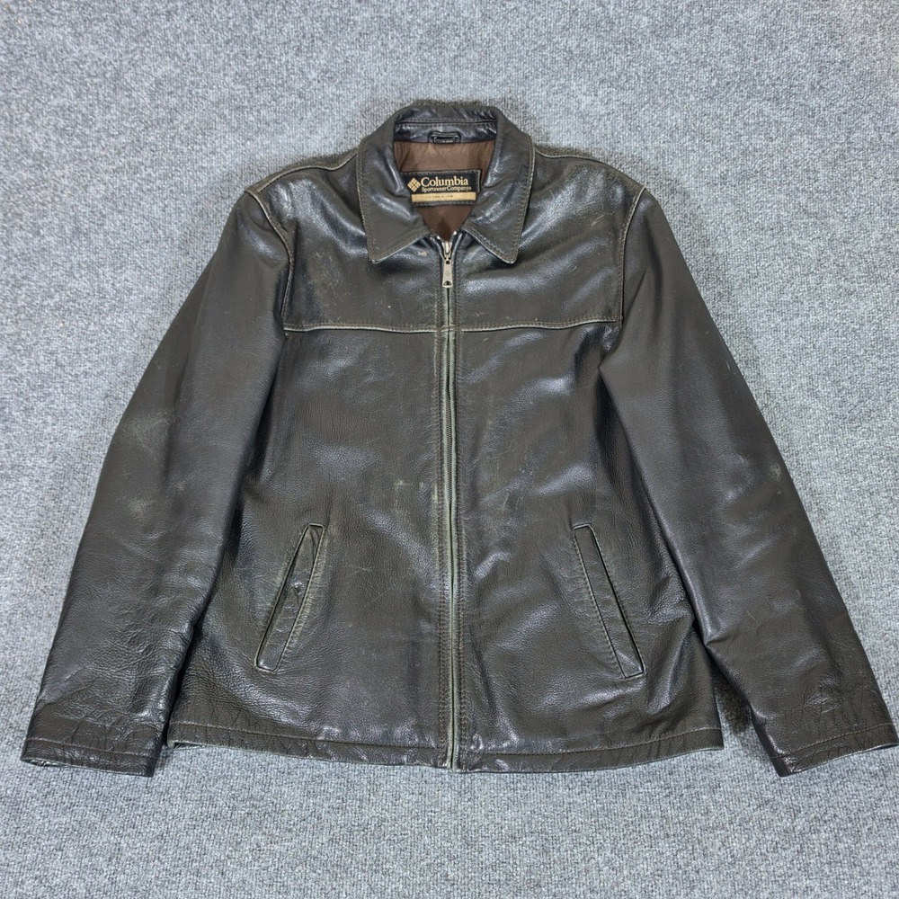 Columbia Mens Brown Leather Jacket Quilted Lined Workwear Bomber Sz LT Flaw